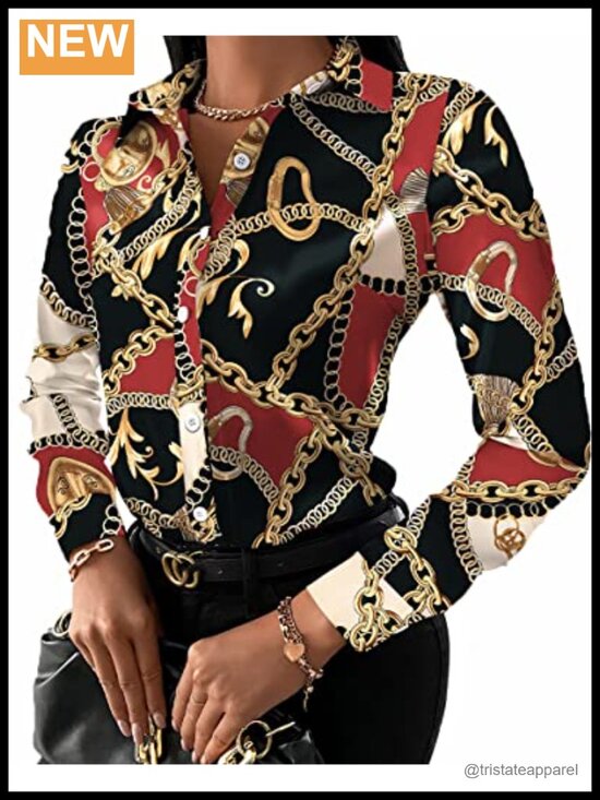 Tops - Women's Floral Long Sleeve Button Down Shirt Polyester Casual Blouse